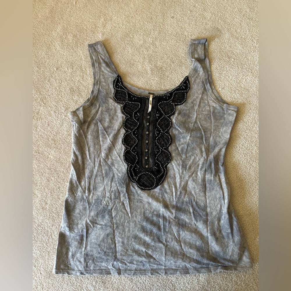 Free People Women's Gray Tank Top with Black Embellished